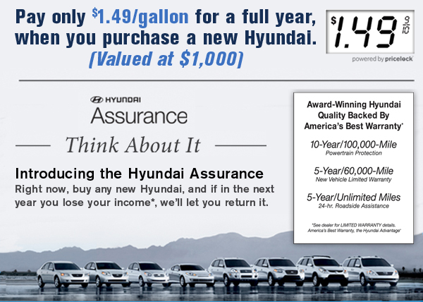 Pay only $1.49/gallon for a full year, when you purchase a Hyundai from Hall Newport News. (Valued at $1,000)