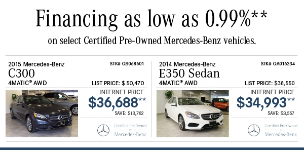 Financing as low as 0.99%** on select Certified Pre-Owned Mercedes-Benz vehicles.