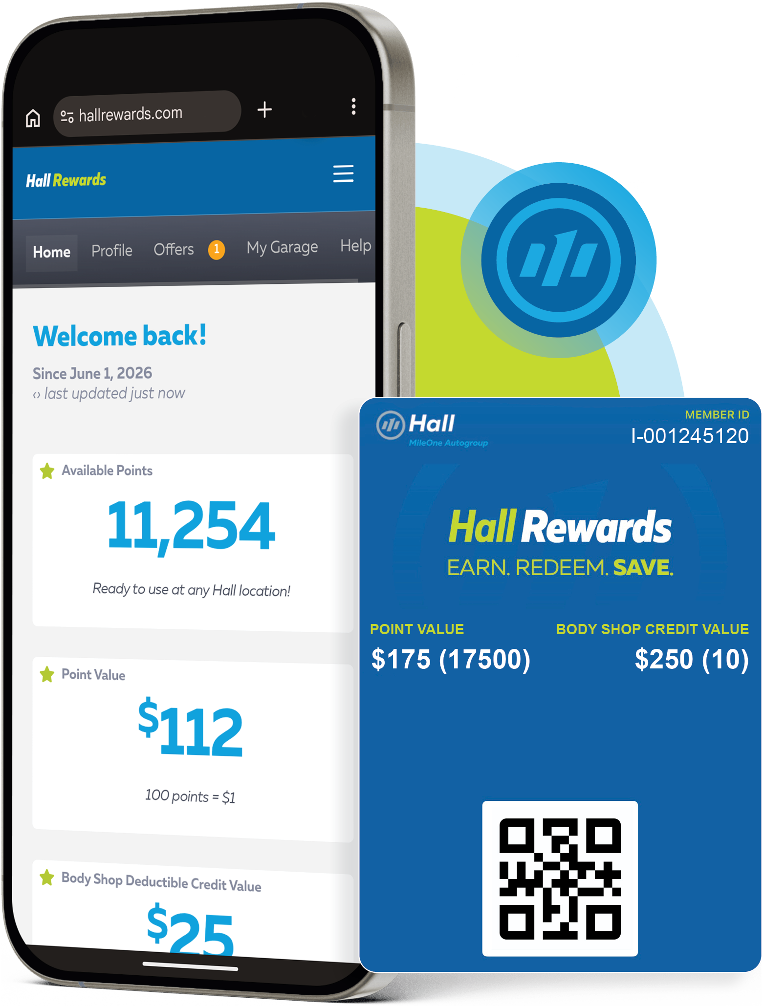 Hall Rewards member portal and loyalty card preview